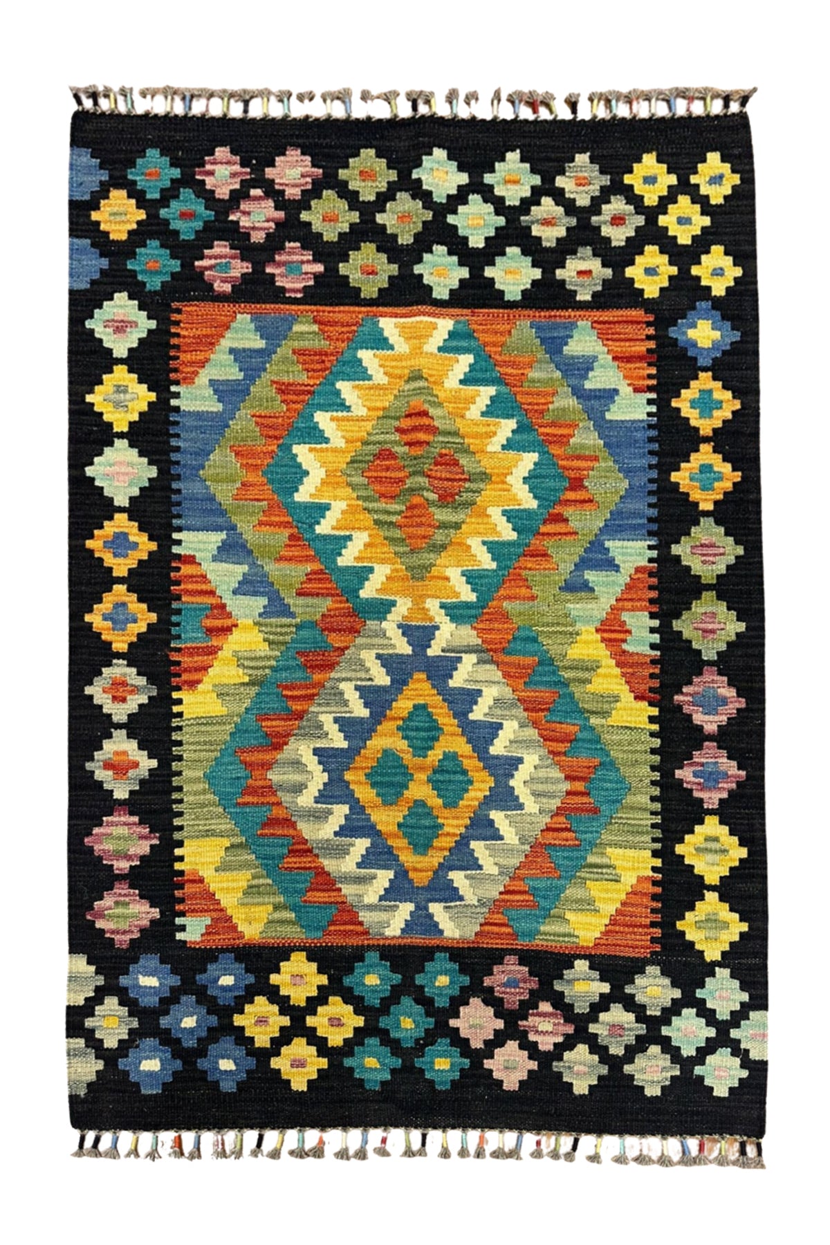 Miras Siyah Çerçeveli Etnik Desen Kök Boya El Emeği Doğal İplik Geleneksel Kilim Koleksiyonu - Kırmızı