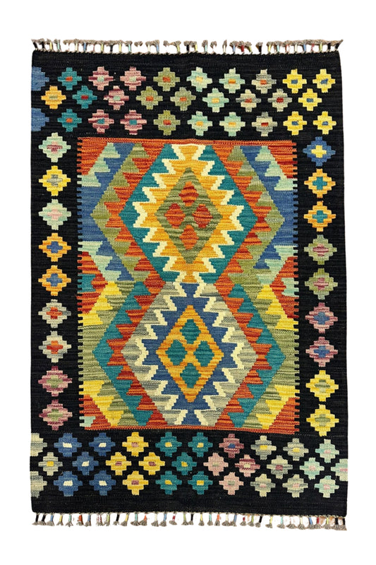 Miras Siyah Çerçeveli Etnik Desen Kök Boya El Emeği Doğal İplik Geleneksel Kilim Koleksiyonu - Kırmızı