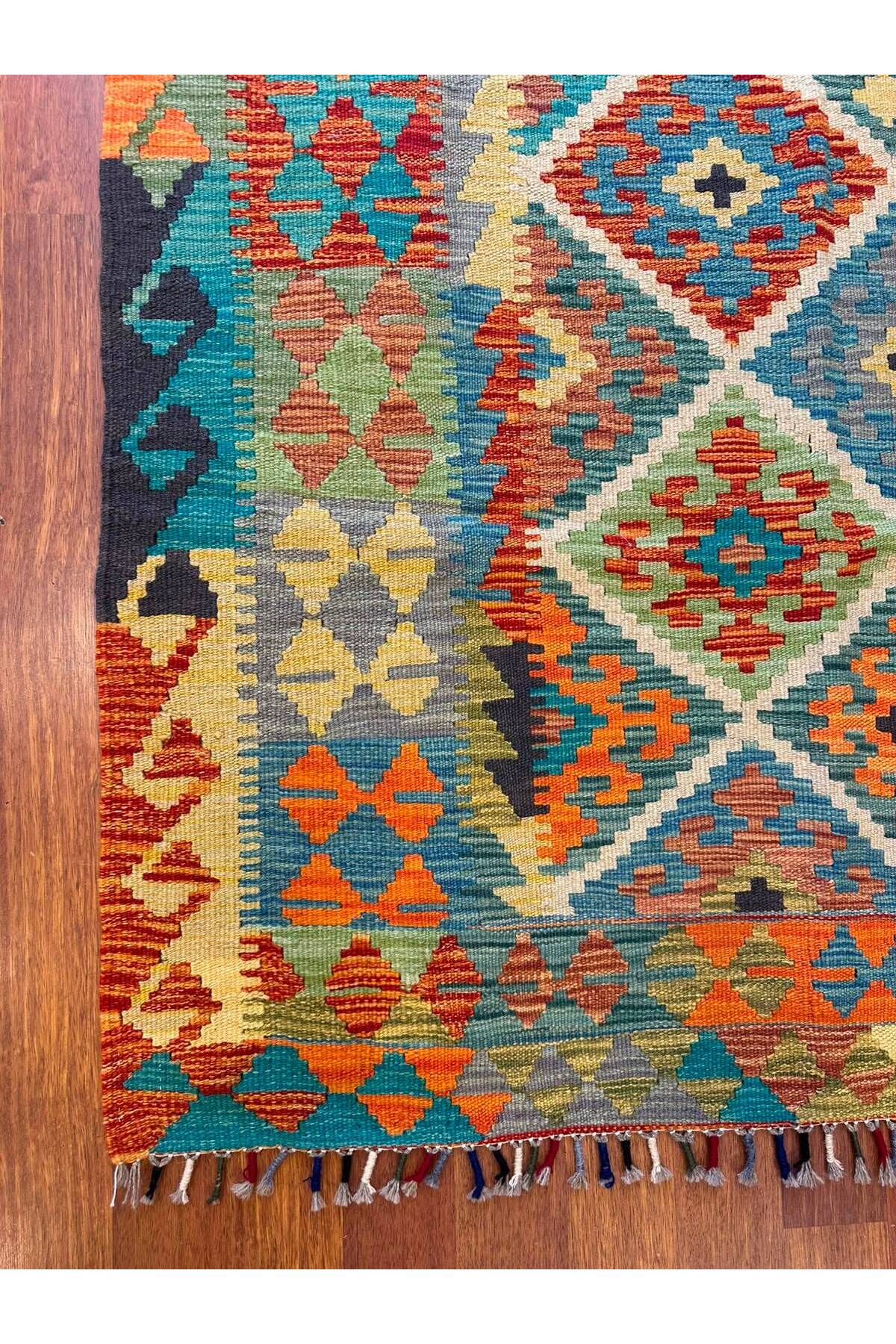 EFSANE El Dokuma Kök Boya Kilim Vintage Etnik Anadolu Desenli Bohem Salon Dekoratif Kilim - Turkuaz