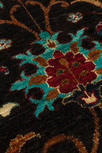 Sultani Siyah El Dokuma Yün Halı Çiçek Motifli Klasik Desenli Vintage Premium Salon Halısı