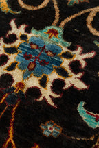Sultani Siyah El Dokuma Yün Halı Çiçek Motifli Klasik Desenli Vintage Premium Salon Halısı