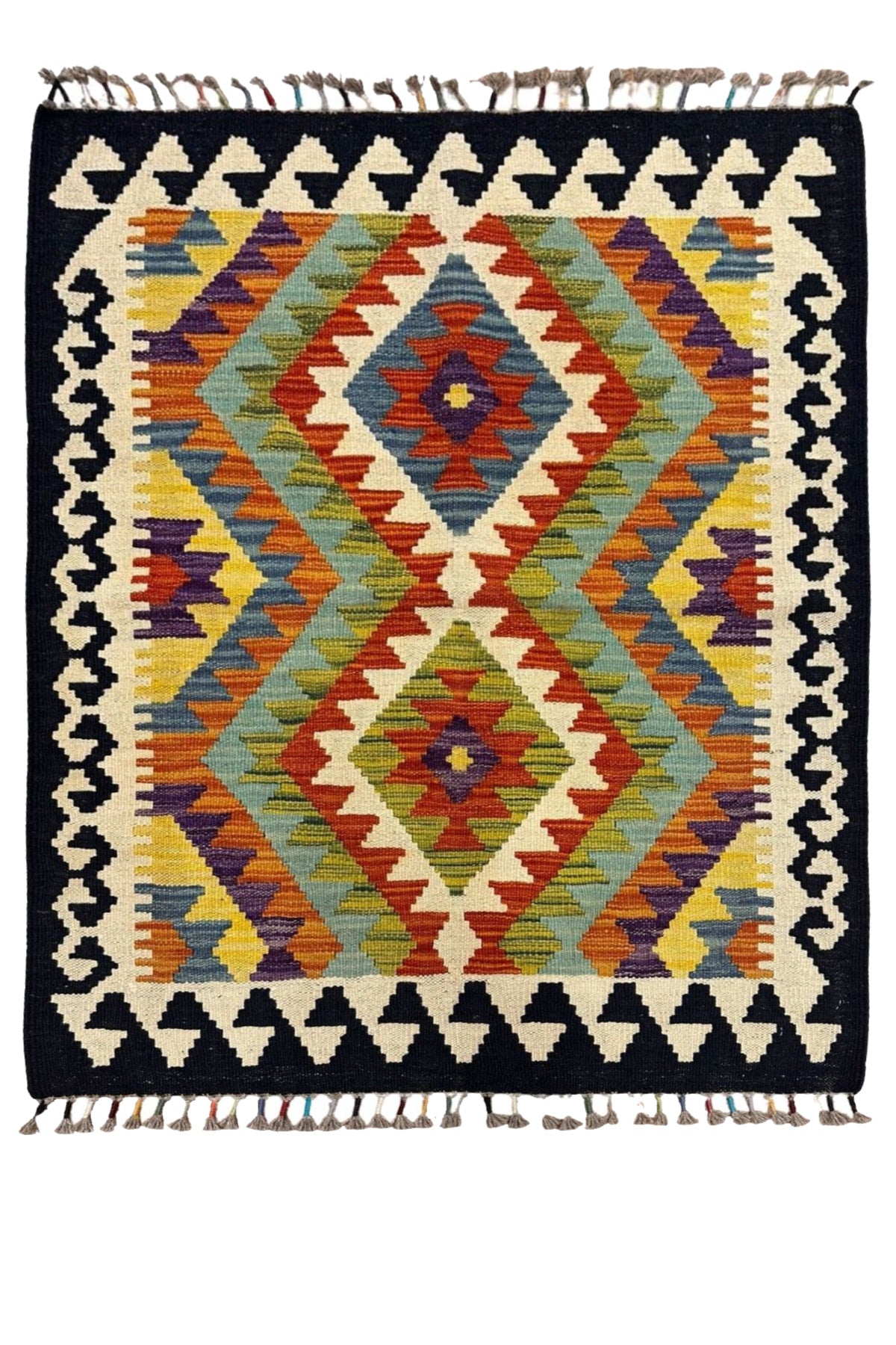 Miras Serisi Siyah Çerçeveli Kök Boya El Emeği Doğal İplik Etnik Desen Geleneksel Kilim Koleksiyonu - Siyah