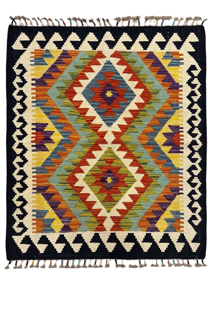 Miras Serisi Siyah Çerçeveli Kök Boya El Emeği Doğal İplik Etnik Desen Geleneksel Kilim Koleksiyonu - Siyah