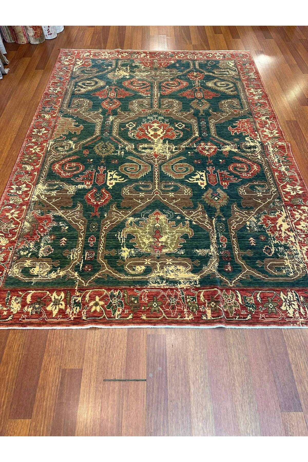Etnik Motifli El Dokuma Yeşili Kiremit Geleneksel Desenli Salon Vintage Dekoratif Halı - Lacivert