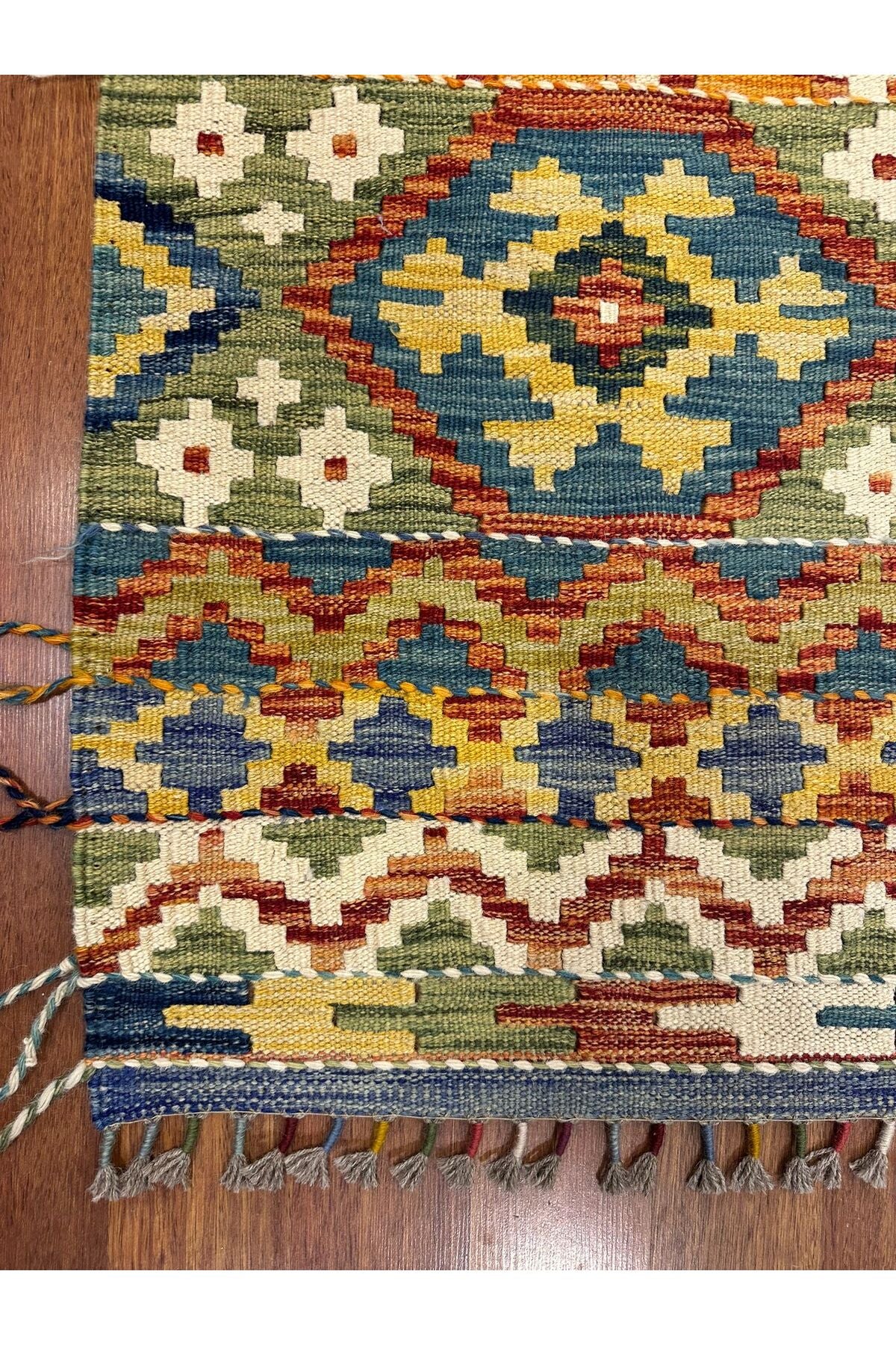 Miras Serisi Mavi Yeşil Kök Boya El Emeği Doğal İplik Etnik Desen Geleneksel Kilim Koleksiyonu - Mavi