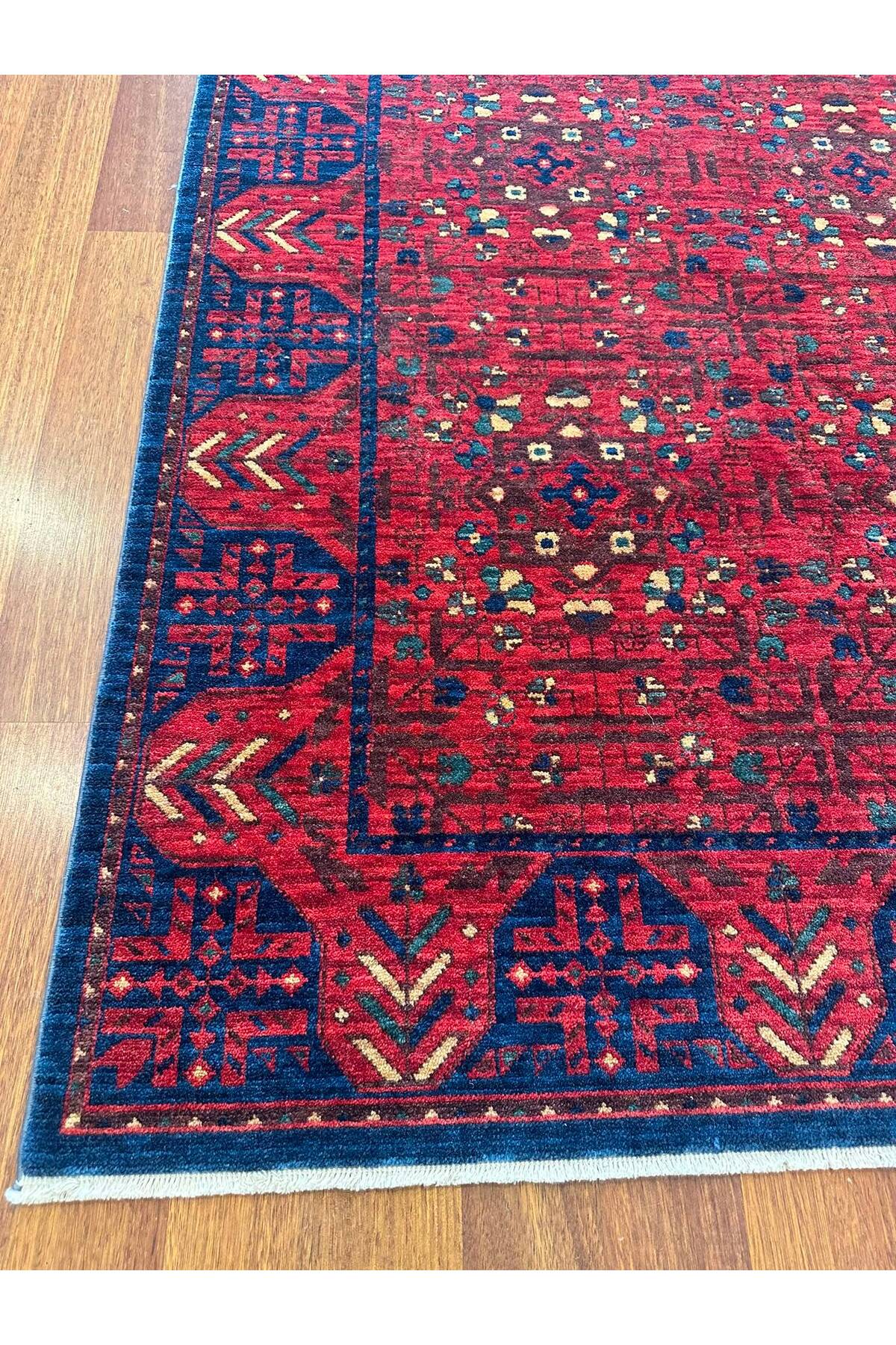 Etnik Desenli El Dokuma Halı Kırmızı Bordo Lacivert Motifli Geleneksel Vintage Salon Halısı - Turuncu