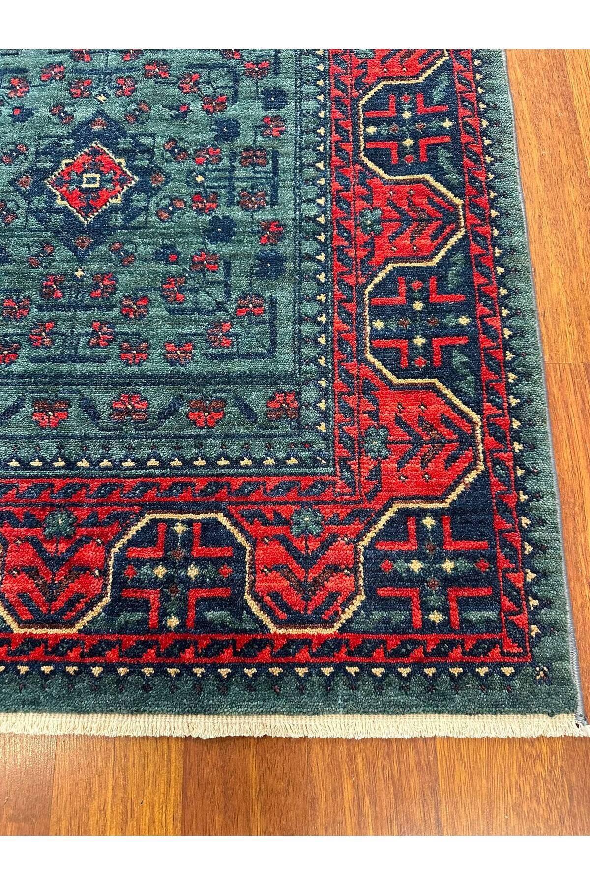 Afgan Desenli El Dokuma Yeşil Petrol Kırmızı Etnik Motifli Geleneksel Vintage Salon Halısı - Bej