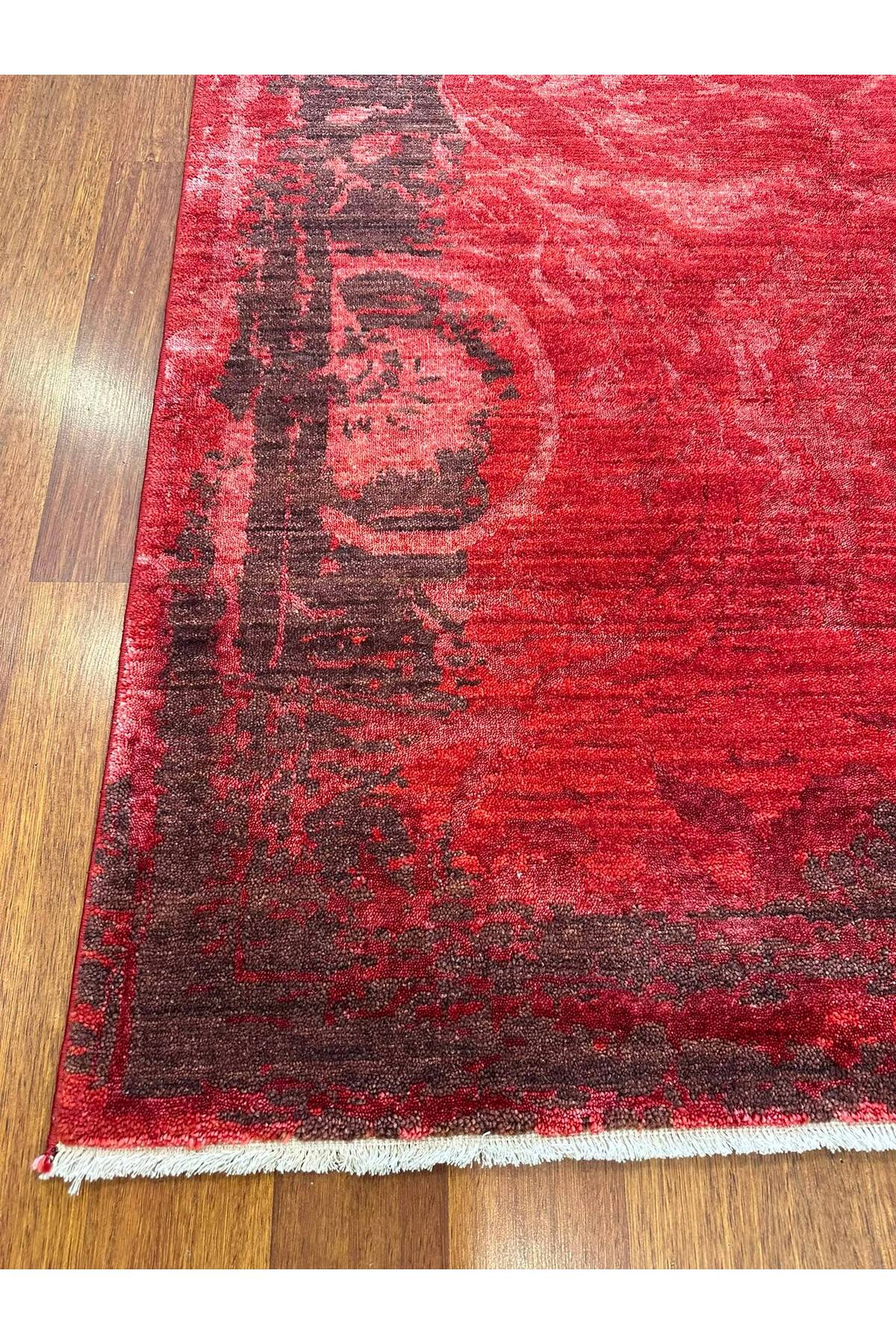 Vintage El Dokuma Kırmızı Eskitme Desenli Motifli Salon Yatak Odası Premium Dekoratif Halı - Haki