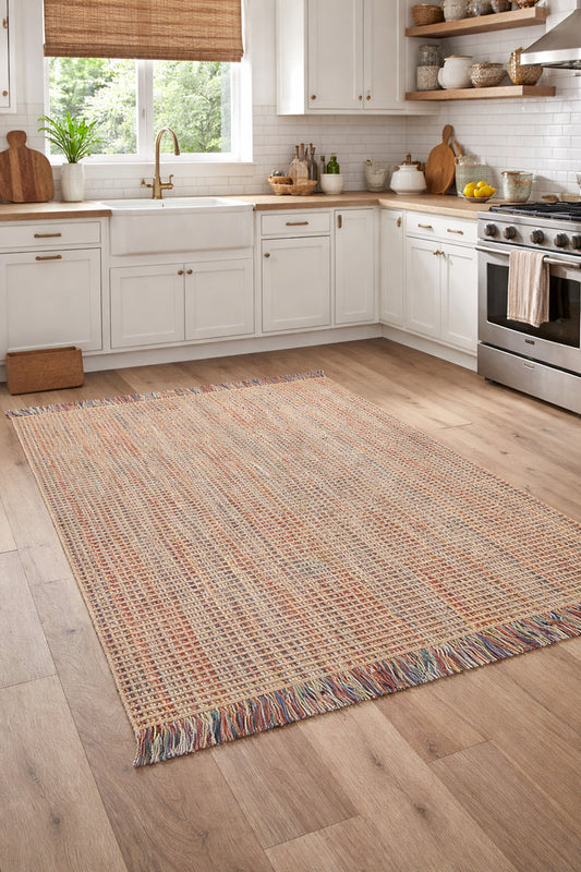 Doha Jüt & Polyester Çok Renkli Kilim | Çift Taraflı Modern Flatweave Halı, Saçaklı Doğal Tasarım