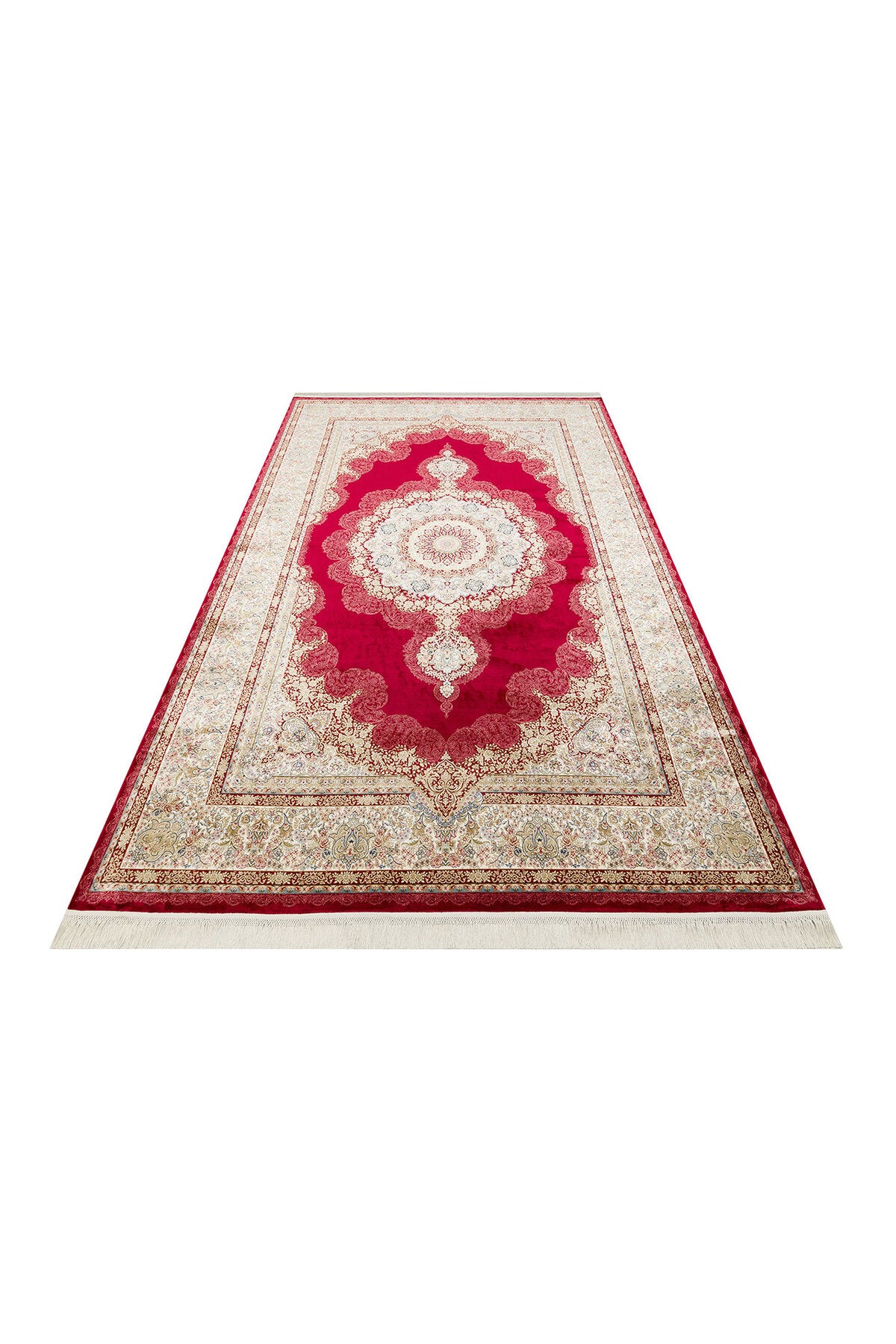 İpek Harem Serisi Bambu İplik Kırmızı Salon Halısı Klasik Desenli Sık Doku Doğal Yumuşak Dokulu