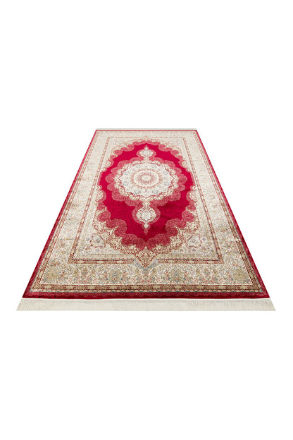 İpek Harem Serisi Bambu İplik Kırmızı Salon Halısı Klasik Desenli Sık Doku Doğal Yumuşak Dokulu