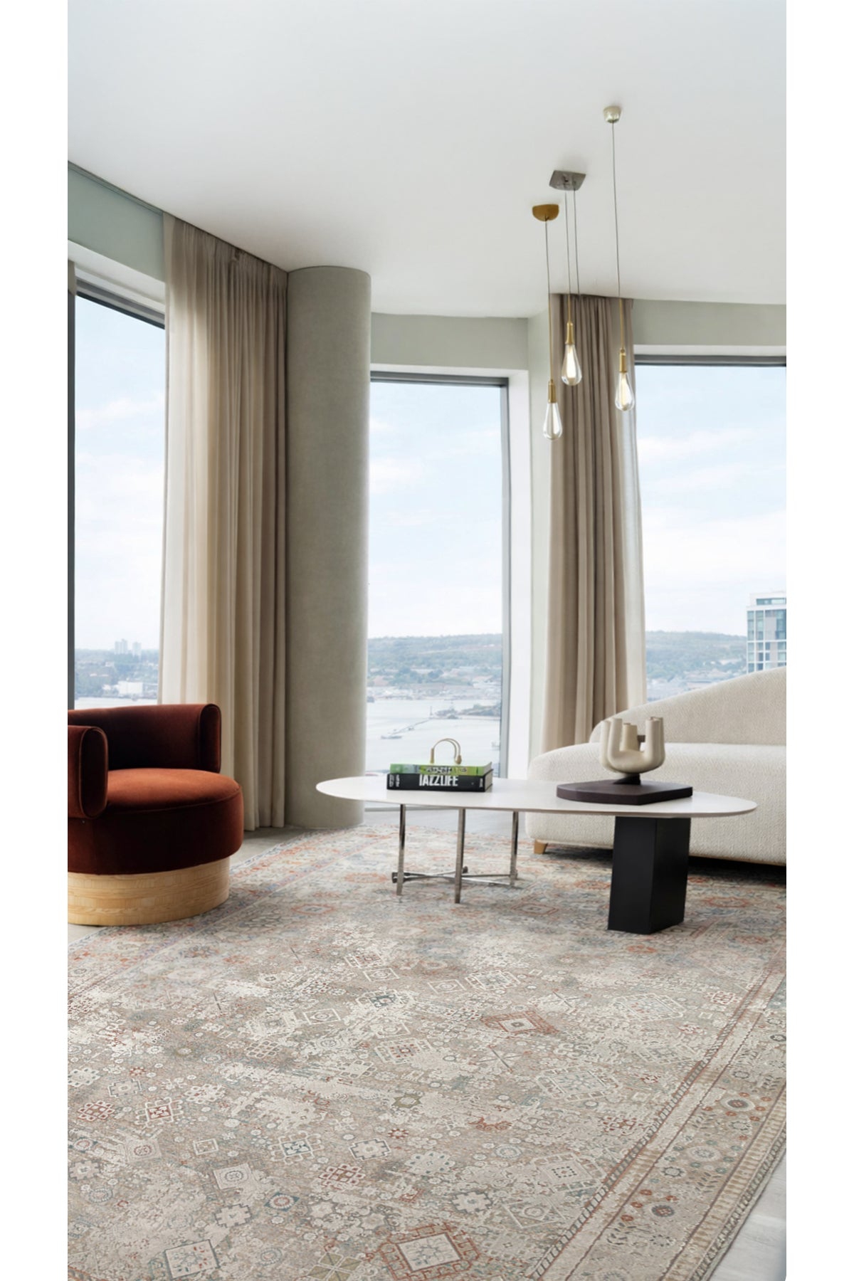 Toscana Etnik Desenli Gri Vintage OverDyed Klasik Dokuma Rayon Viskon Yumuşak Dokulu Salon Halısı