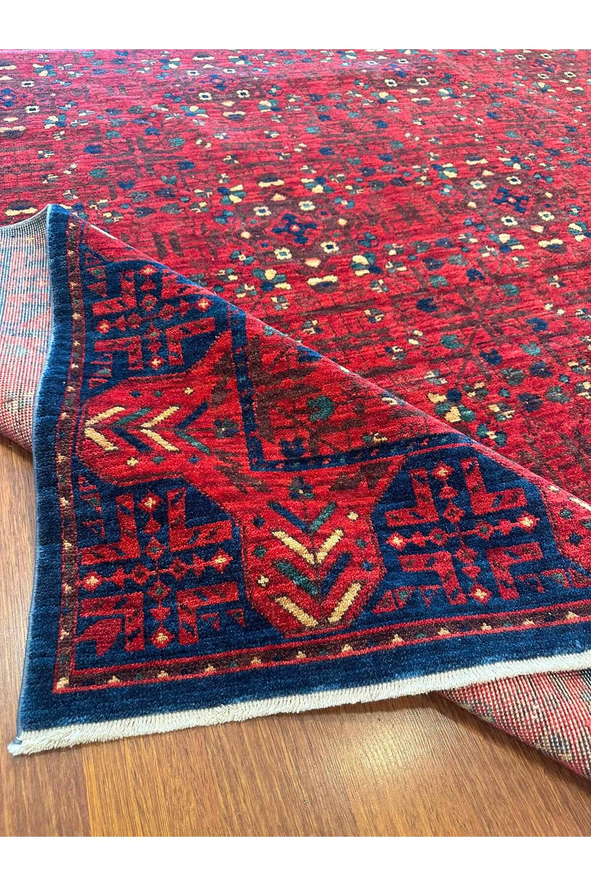 Etnik Desenli El Dokuma Halı Kırmızı Bordo Lacivert Motifli Geleneksel Vintage Salon Halısı - Turuncu