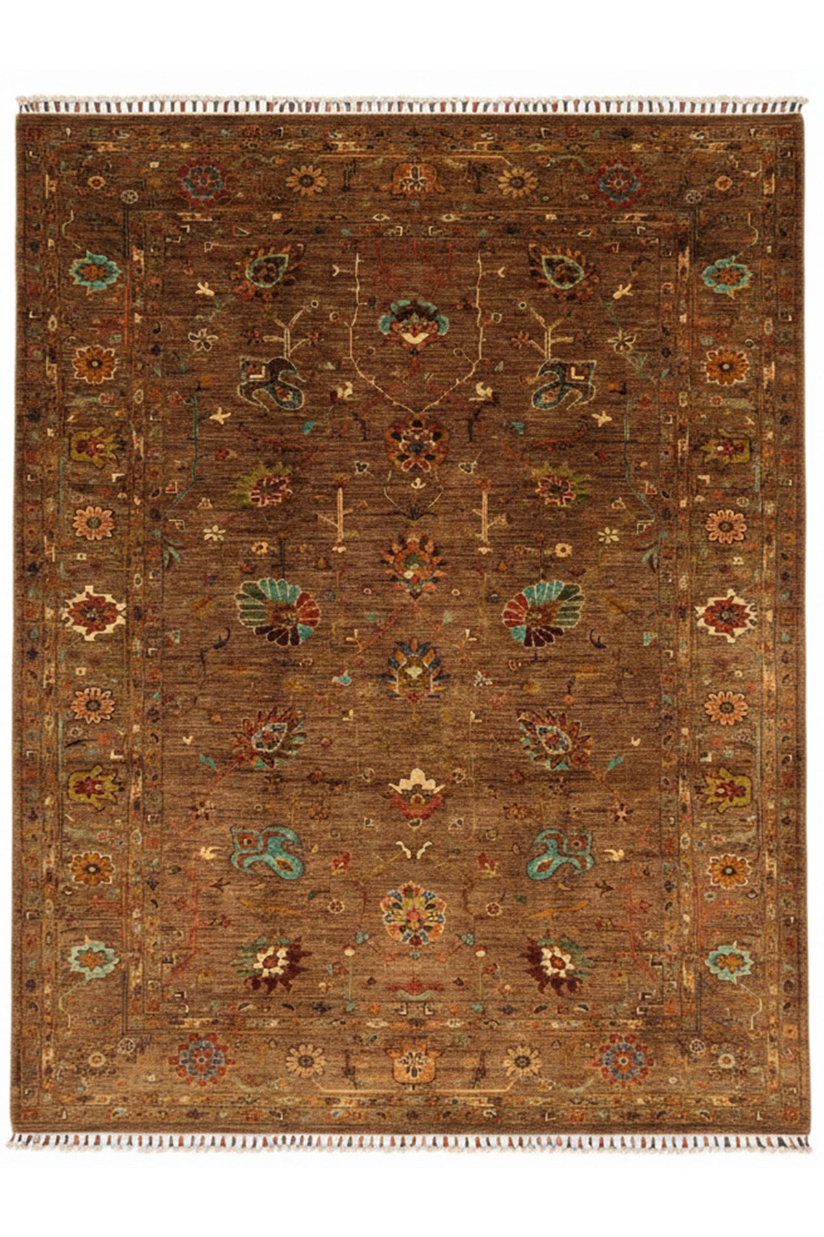 Sultani El Emeği Kahverengi Anadolu Motifli Desenli Saçaklı Modern ve Geleneksel Salon Halısı - Kahverengi