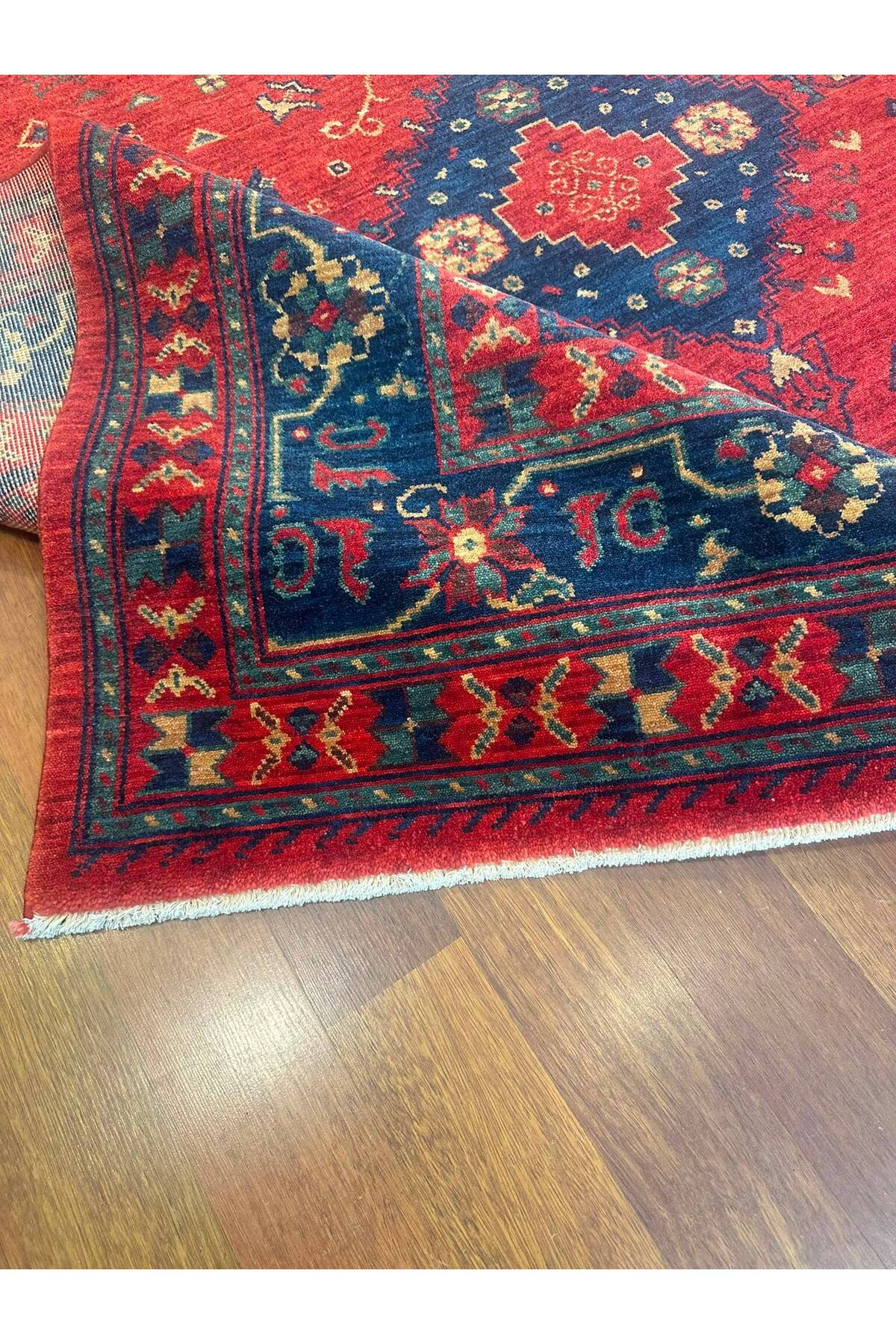 Geleneksel Madalyon Desen El Dokuma Kırmızı Etnik Geometrik Motifli Vintage Dekoratif Salon Halısı - Sarı