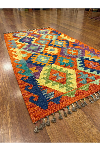 Miras Turuncu Çok Renkli Kök Boya El Emeği Doğal İplik Etnik Desen Geleneksel Kilim Koleksiyonu - Turuncu
