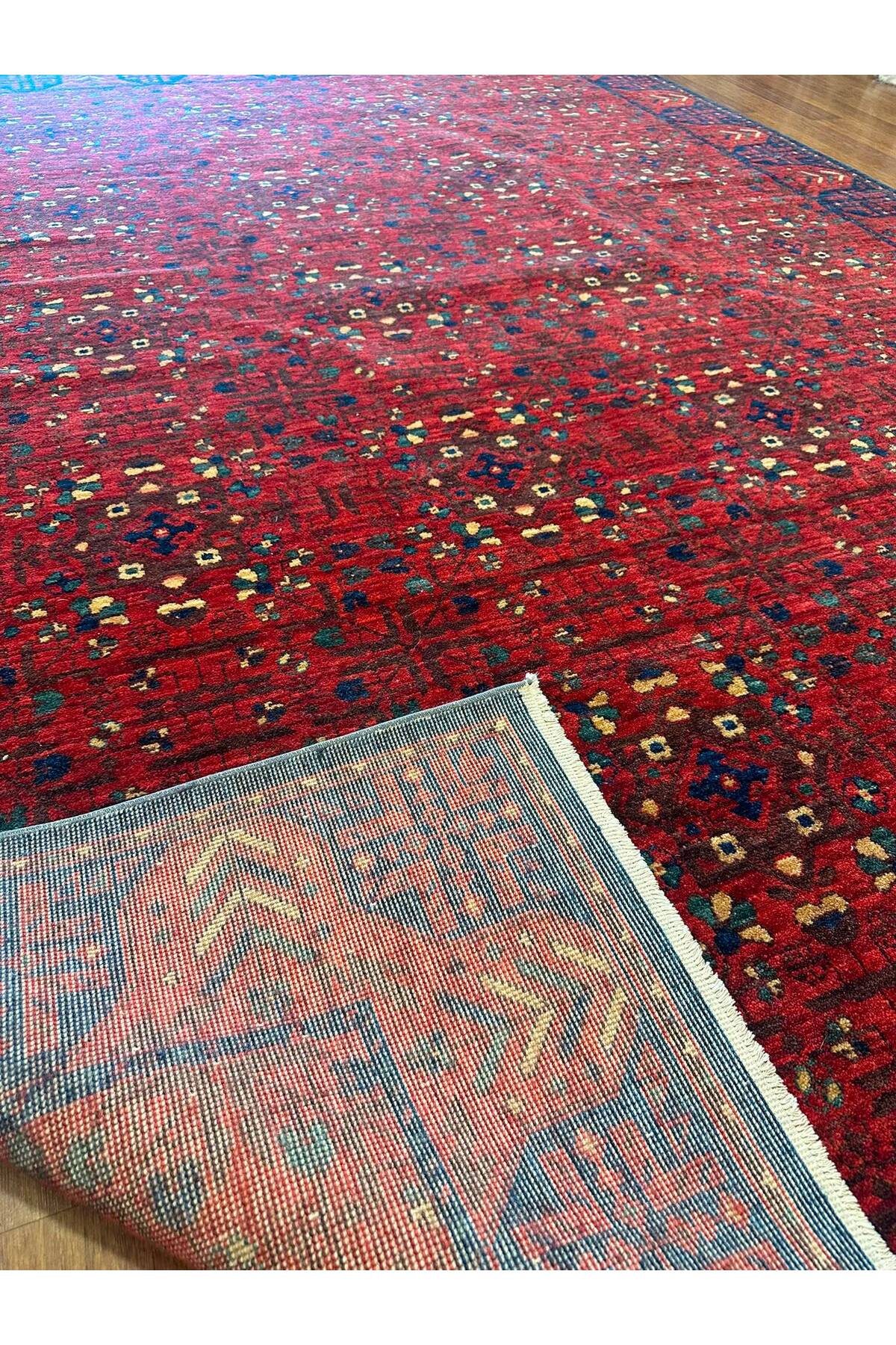 Etnik Desenli El Dokuma Halı Kırmızı Bordo Lacivert Motifli Geleneksel Vintage Salon Halısı - Turuncu