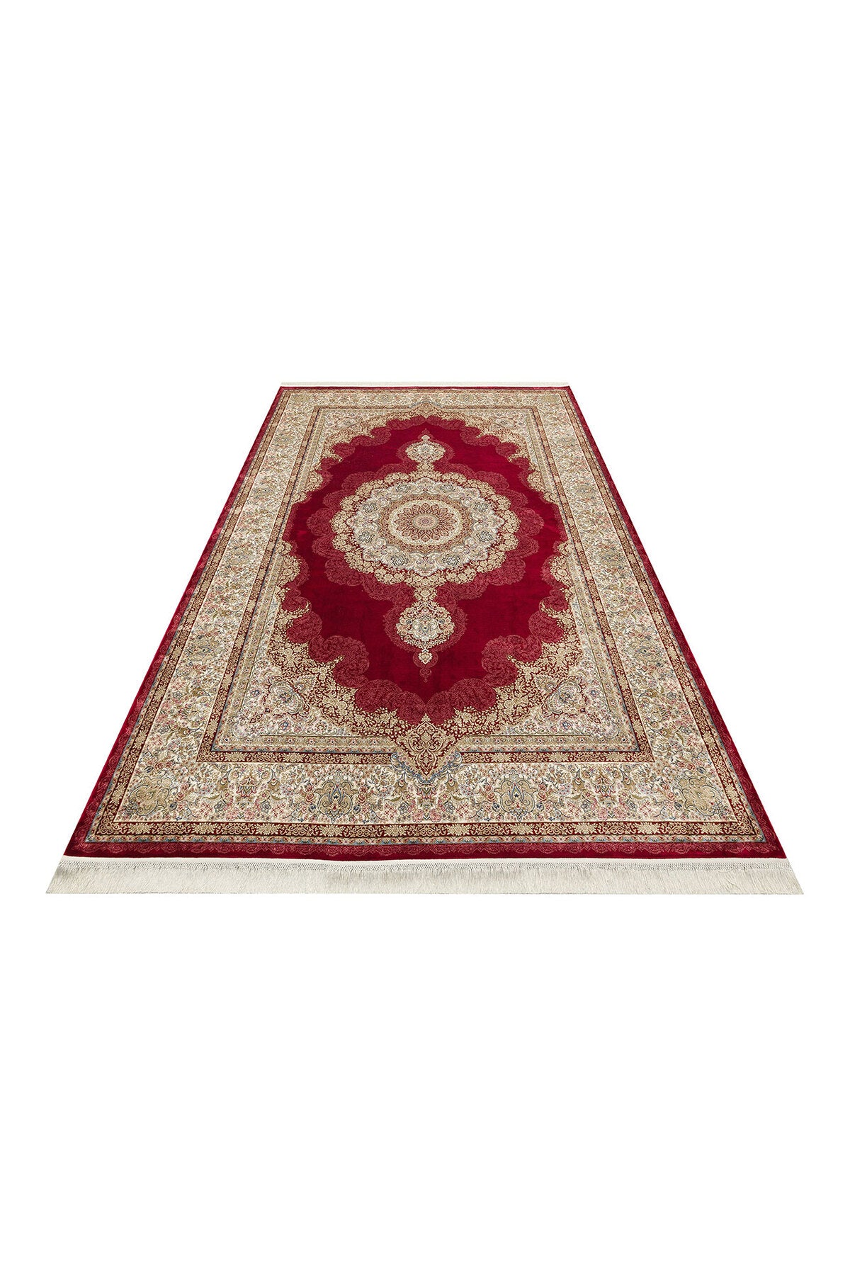 İpek Harem Serisi Bambu İplik Kırmızı Salon Halısı Klasik Desenli Sık Doku Doğal Yumuşak Dokulu