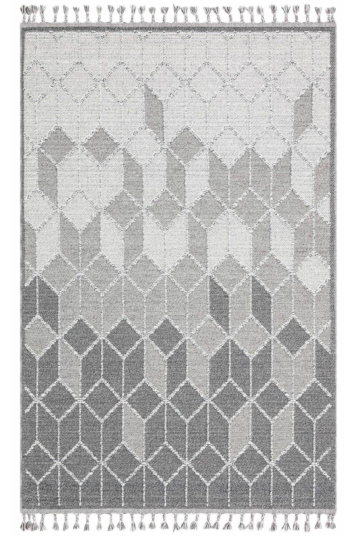 KELY Gri Geometrik Desenli Dokulu Modern Halı Hav Vermez Dokuma Salon Mutfak Koridor Halısı - Metalik
