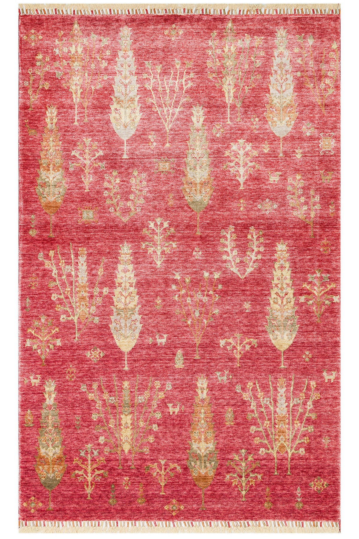 Efsun El Emeği Hayat Ağacı Desenli Kırmızı Lyocell Özel Tezgah Uşak Desen Saçaklı Salon Halısı