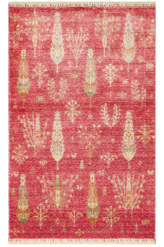 Efsun El Emeği Hayat Ağacı Desenli Kırmızı Lyocell Özel Tezgah Uşak Desen Saçaklı Salon Halısı