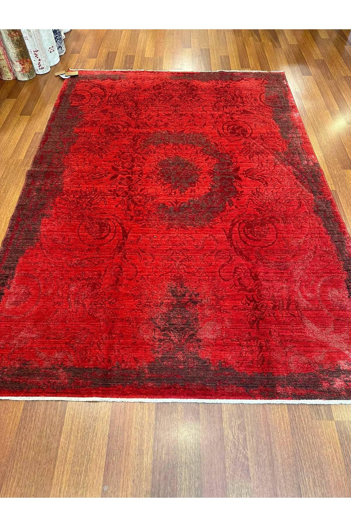 Vintage El Dokuma Kırmızı Eskitme Desenli Motifli Salon Yatak Odası Premium Dekoratif Halı - Haki