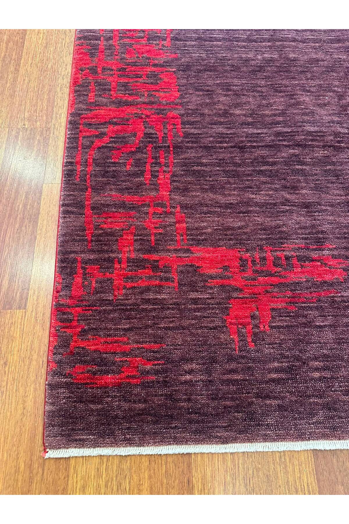 Modern Soyut Geometrik El Dokuma Halı Antrasit Kırmızı Eskitme Desenli Dekoratif Salon Halısı - Ekru