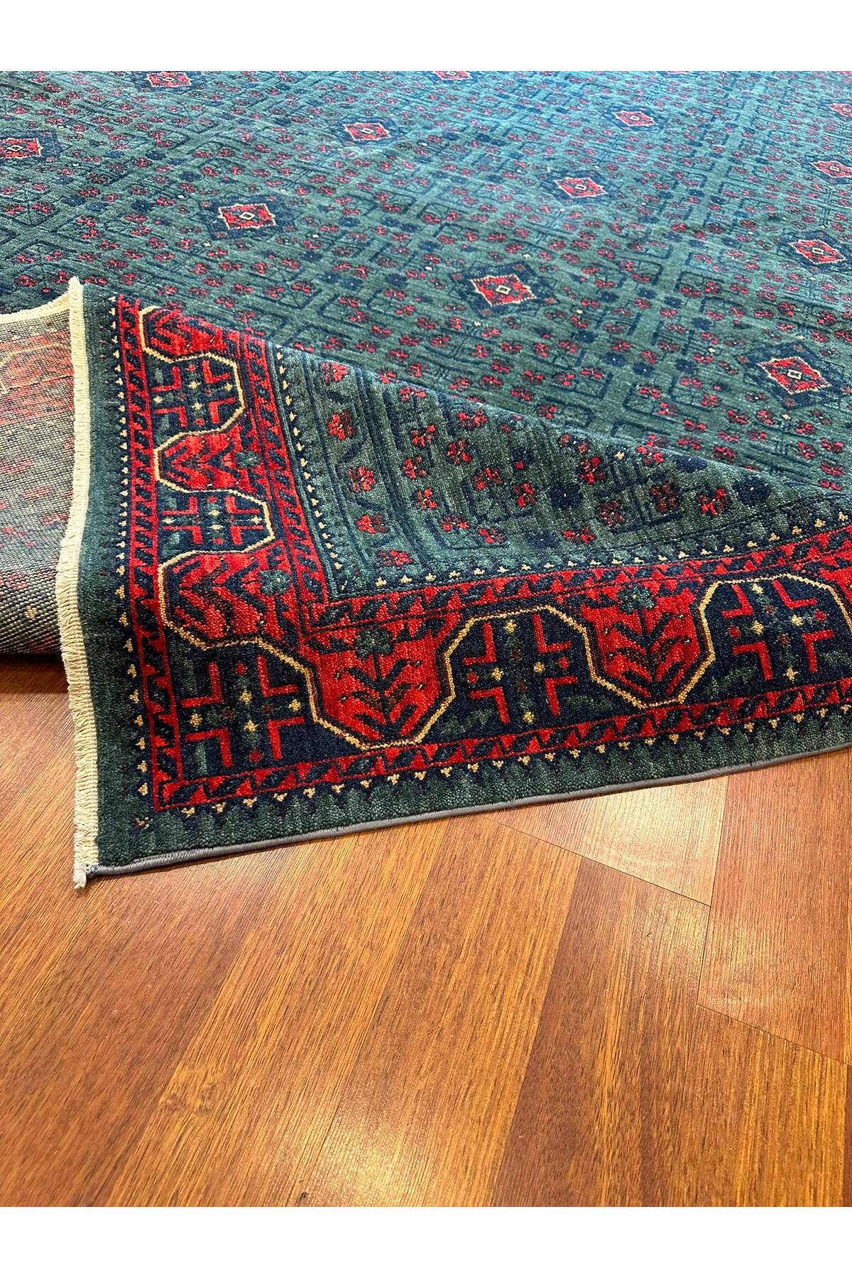Afgan Desenli El Dokuma Yeşil Petrol Kırmızı Etnik Motifli Geleneksel Vintage Salon Halısı - Bej