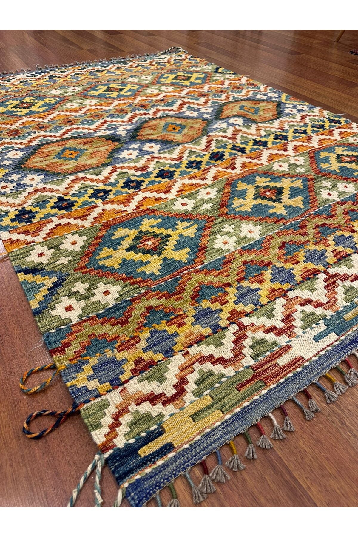 Miras Serisi Mavi Yeşil Kök Boya El Emeği Doğal İplik Etnik Desen Geleneksel Kilim Koleksiyonu - Mavi