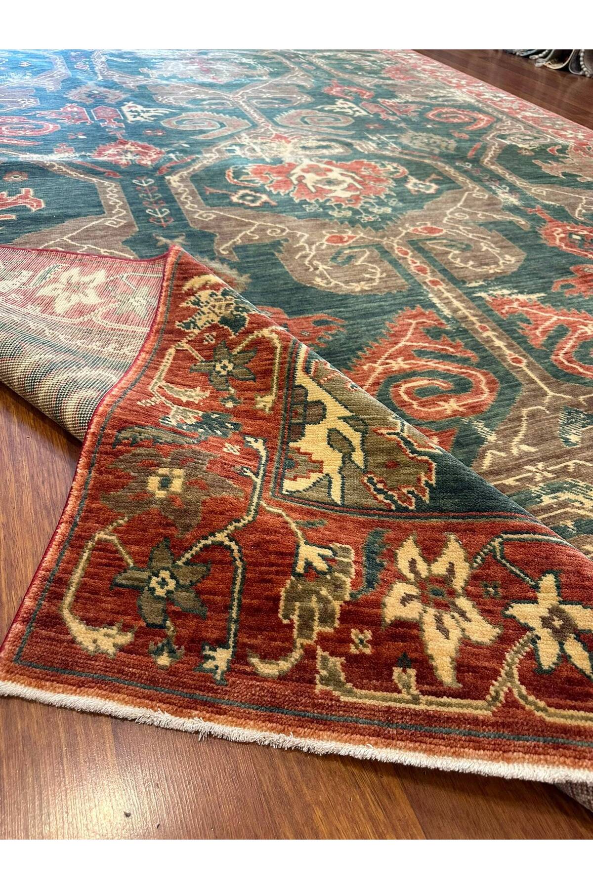 Etnik Motifli El Dokuma Yeşili Kiremit Geleneksel Desenli Salon Vintage Dekoratif Halı - Lacivert