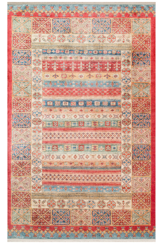 VERDA Colorful Non-Slip Washable Rug with Anti-Slip Backing, Antique Karabakh Pattern, Modern Thin Living Room Rug - Multicolored