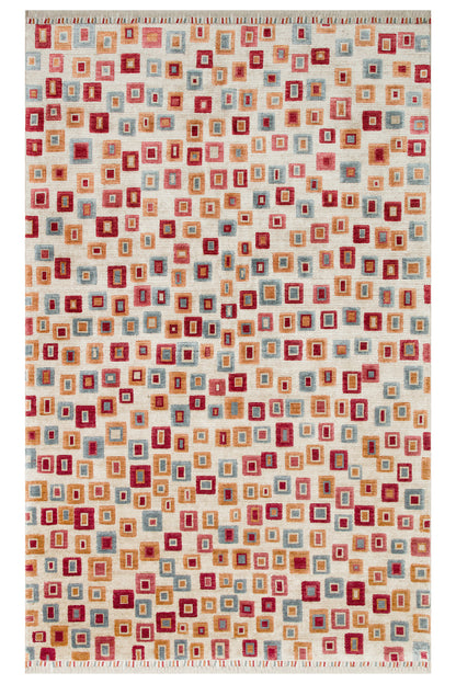 Efsun El Emeği Çok Renkli Etnik Desen Lyocell Özel Tezgah Saçaklı Salon Halısı