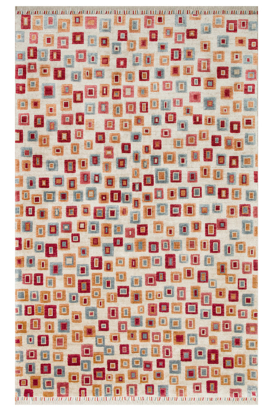 Efsun El Emeği Çok Renkli Etnik Desen Lyocell Özel Tezgah Saçaklı Salon Halısı