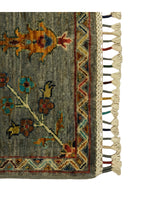 Sultani El Emeği Mavi Gri Desenli Saçaklı Anadolu Motifli Modern ve Geleneksel Salon Halısı - Gümüş