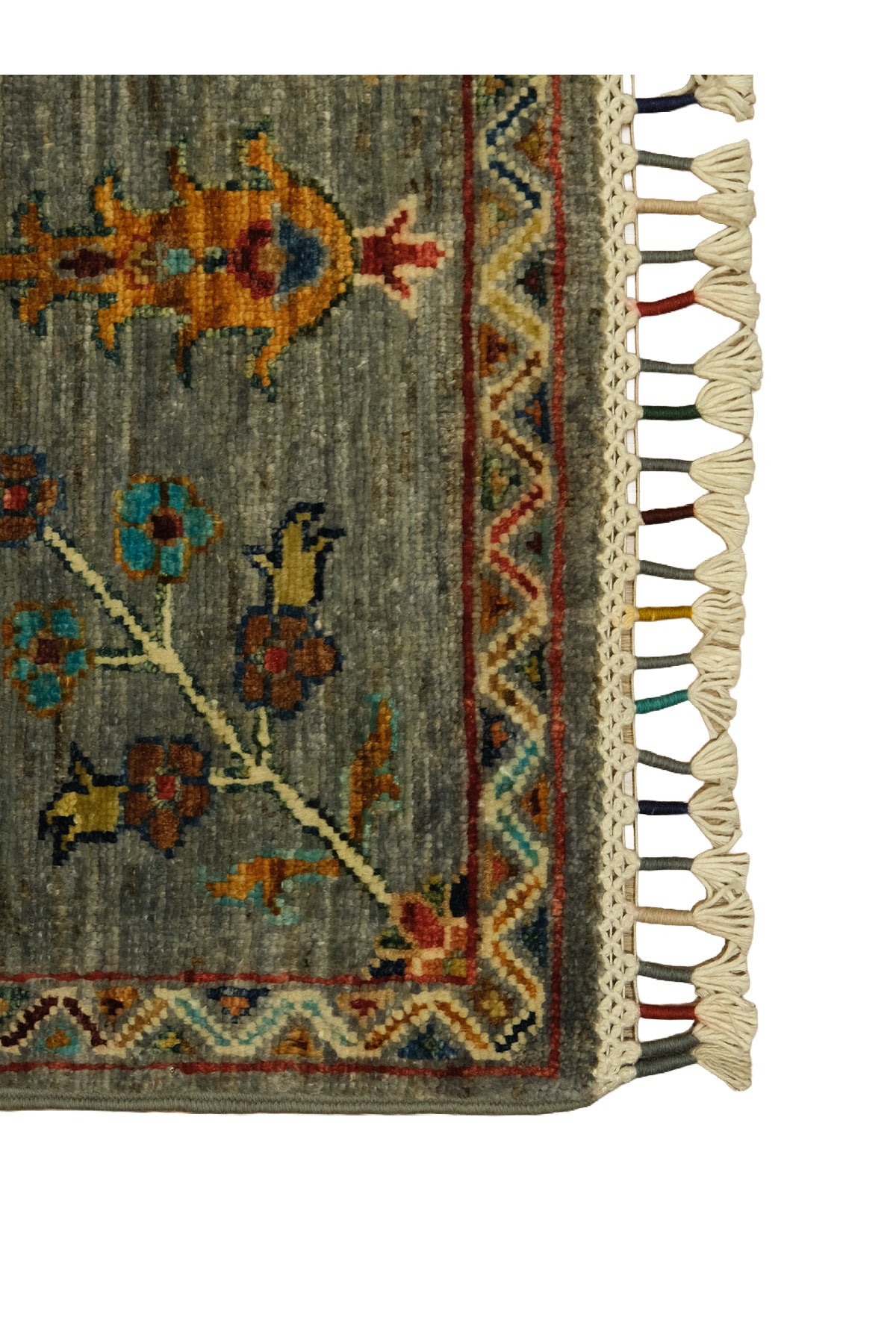 Sultani El Emeği Mavi Gri Desenli Saçaklı Anadolu Motifli Modern ve Geleneksel Salon Halısı - Gümüş