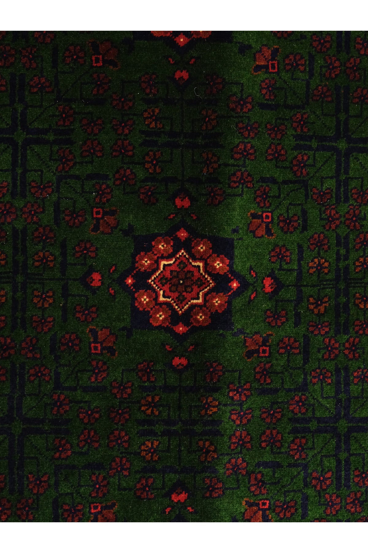 El Dokuma Bordo-Yeşil Yıldız Model Afgan Biliçik Halısı %100 Yün Kök Boya Geleneksel Salon Halısı - Yeşil