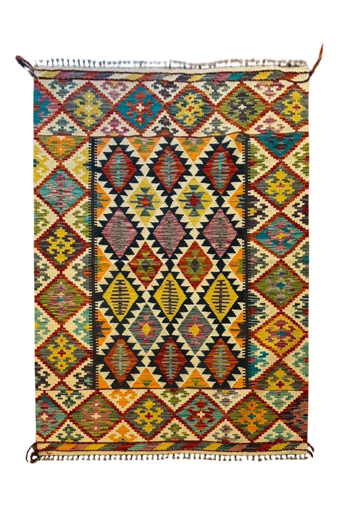 EFSANE El Dokuma Etnik Anadolu Desenli Kök Boya Kilim Vintage Bohem Salon Dekoratif Kilim - Sarı