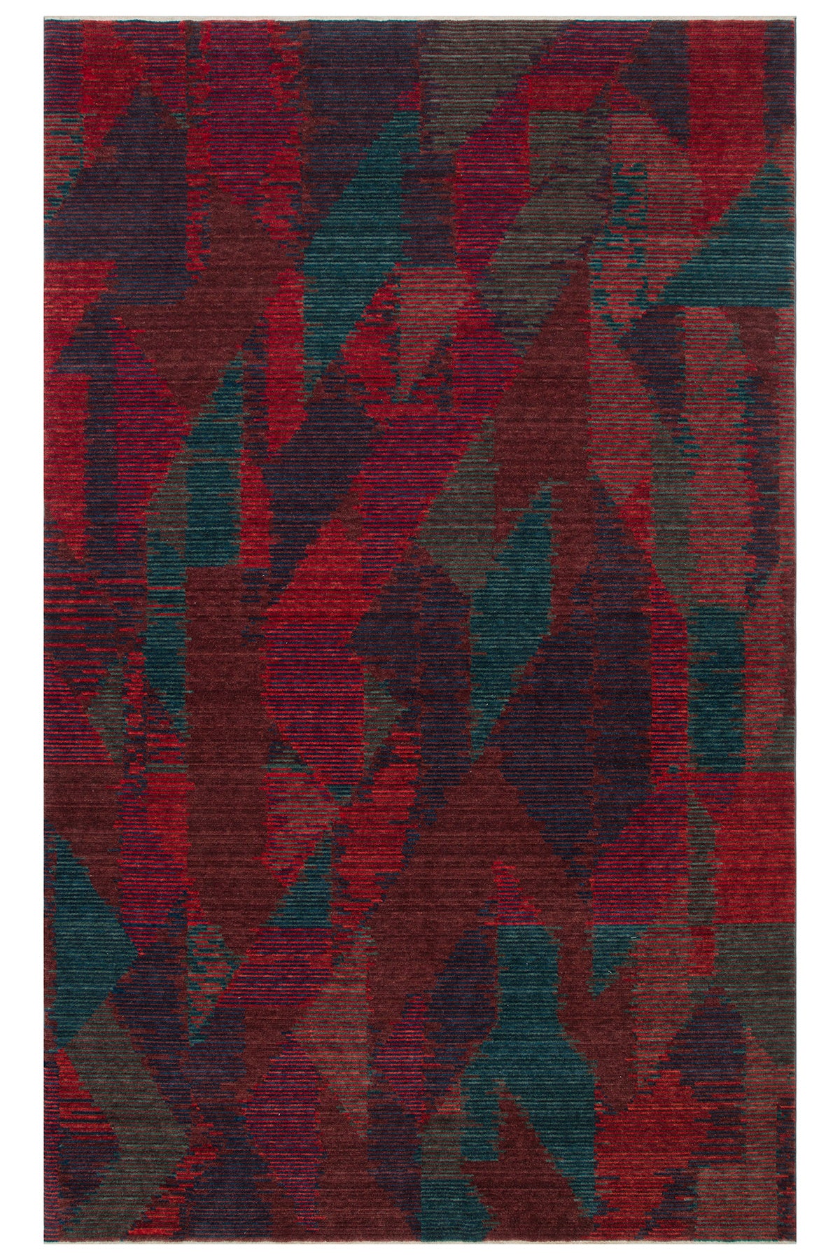 Orient Bordo Turkuaz Çok Renkli Modern Geometrik Desenli Lyocell Modern Halı El Emeği Salon Halısı - Bordo