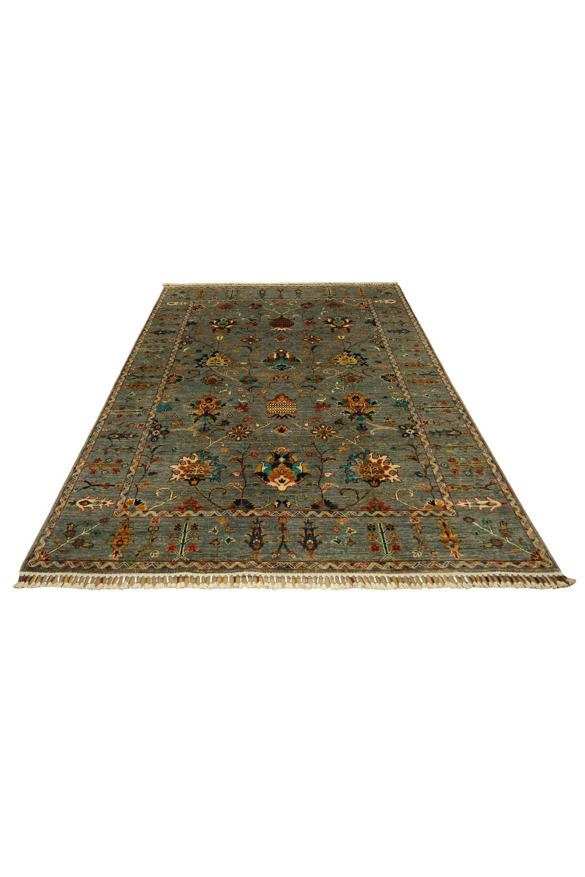 Sultani El Emeği Mavi Gri Desenli Saçaklı Anadolu Motifli Modern ve Geleneksel Salon Halısı - Gümüş