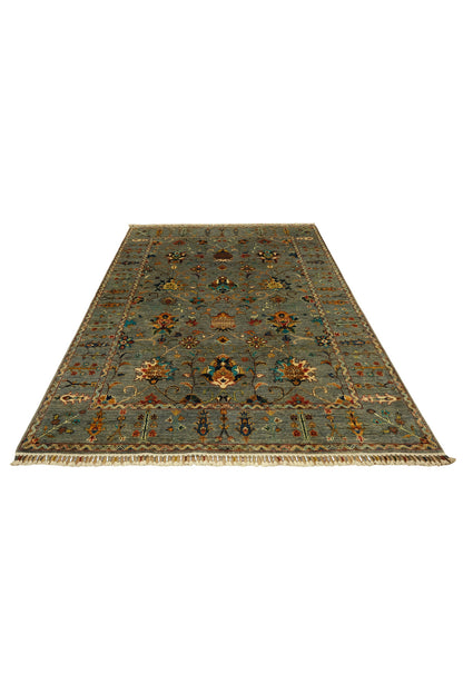 Sultani El Emeği Mavi Gri Desenli Saçaklı Anadolu Motifli Modern ve Geleneksel Salon Halısı - Gümüş