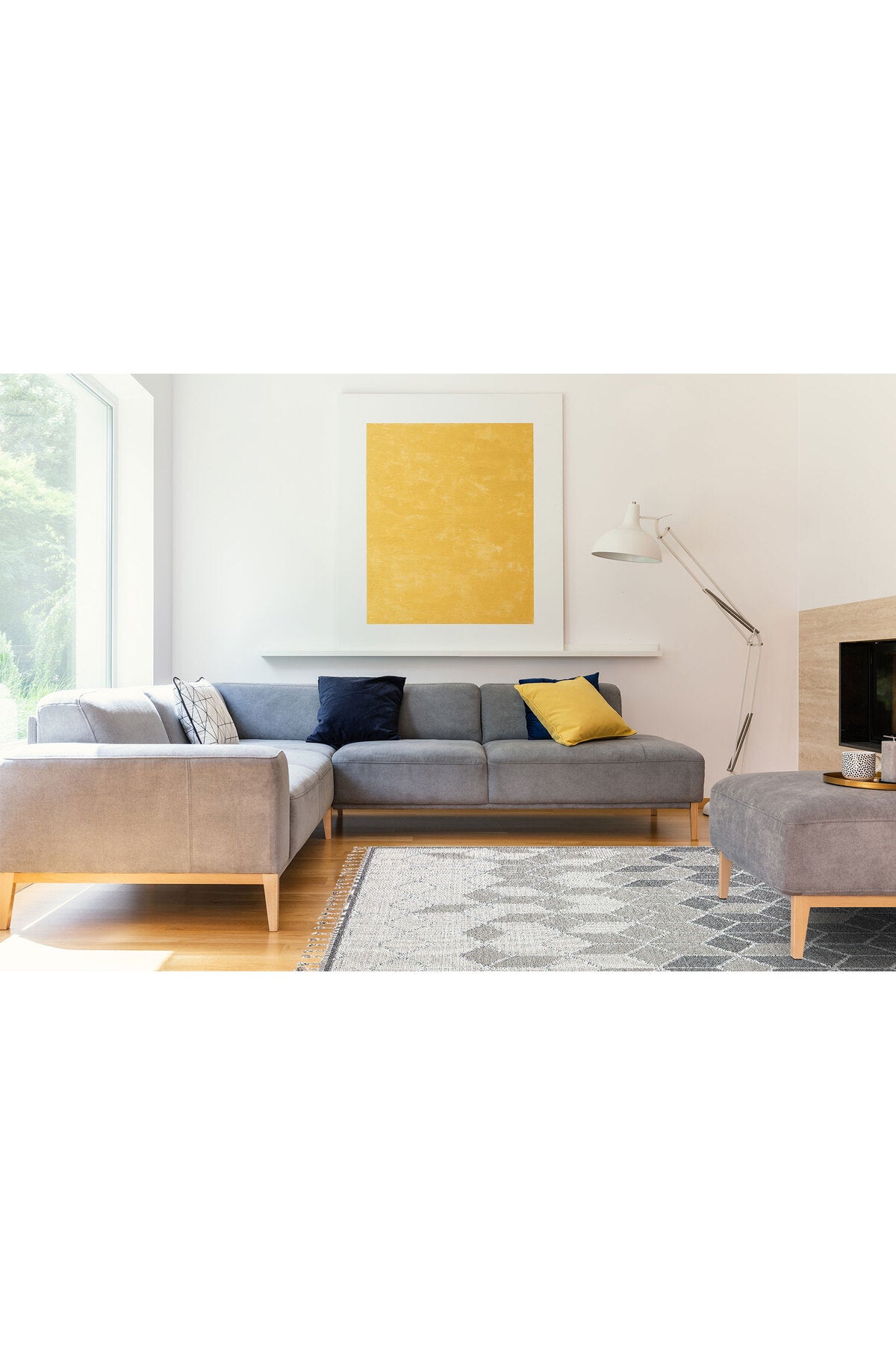KELY Gri Geometrik Desenli Dokulu Modern Halı Hav Vermez Dokuma Salon Mutfak Koridor Halısı - Metalik