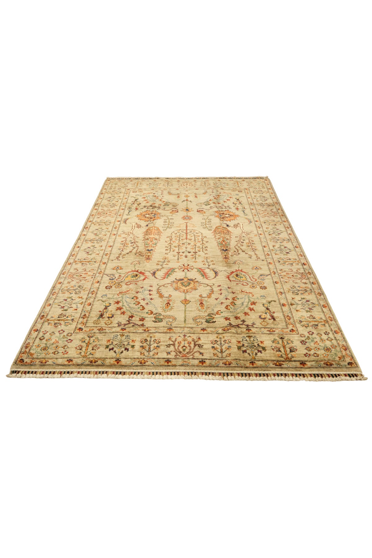 Sultani El Emeği Bej Desenli Saçaklı Anadolu Motifli Modern ve Geleneksel Salon Halısı - Krem