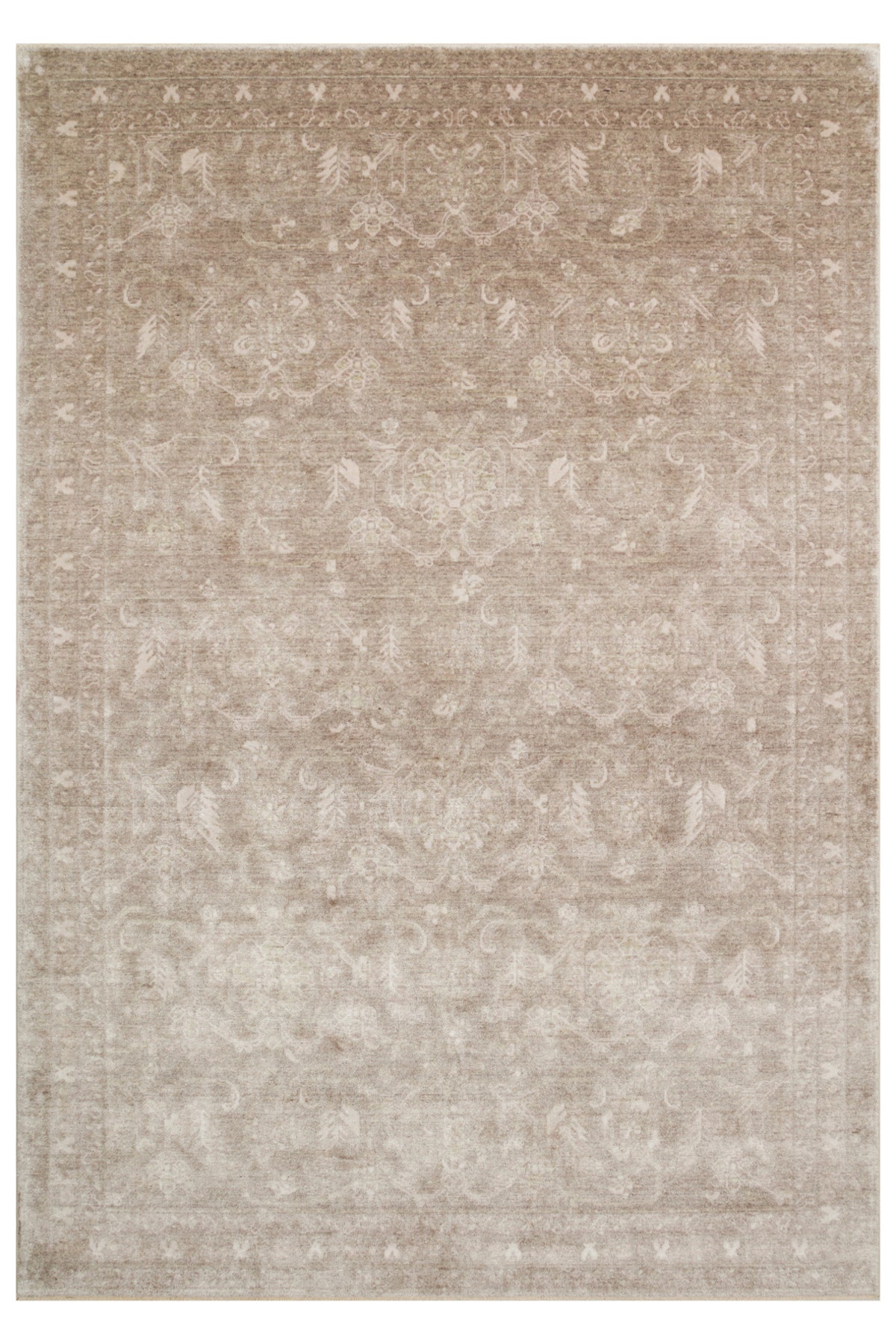 Atlas Serisi Açık Bej Etnik Uşak Desenli Saçaklı Lyocell Dokulu Özel Tezgah Salon Halısı