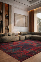 Orient Bordo Turkuaz Çok Renkli Modern Geometrik Desenli Lyocell Modern Halı El Emeği Salon Halısı - Bordo