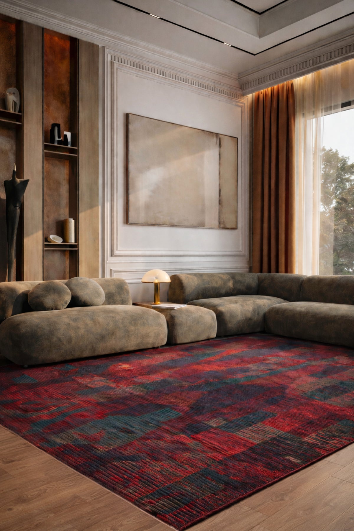Orient Bordo Turkuaz Çok Renkli Modern Geometrik Desenli Lyocell Modern Halı El Emeği Salon Halısı - Bordo