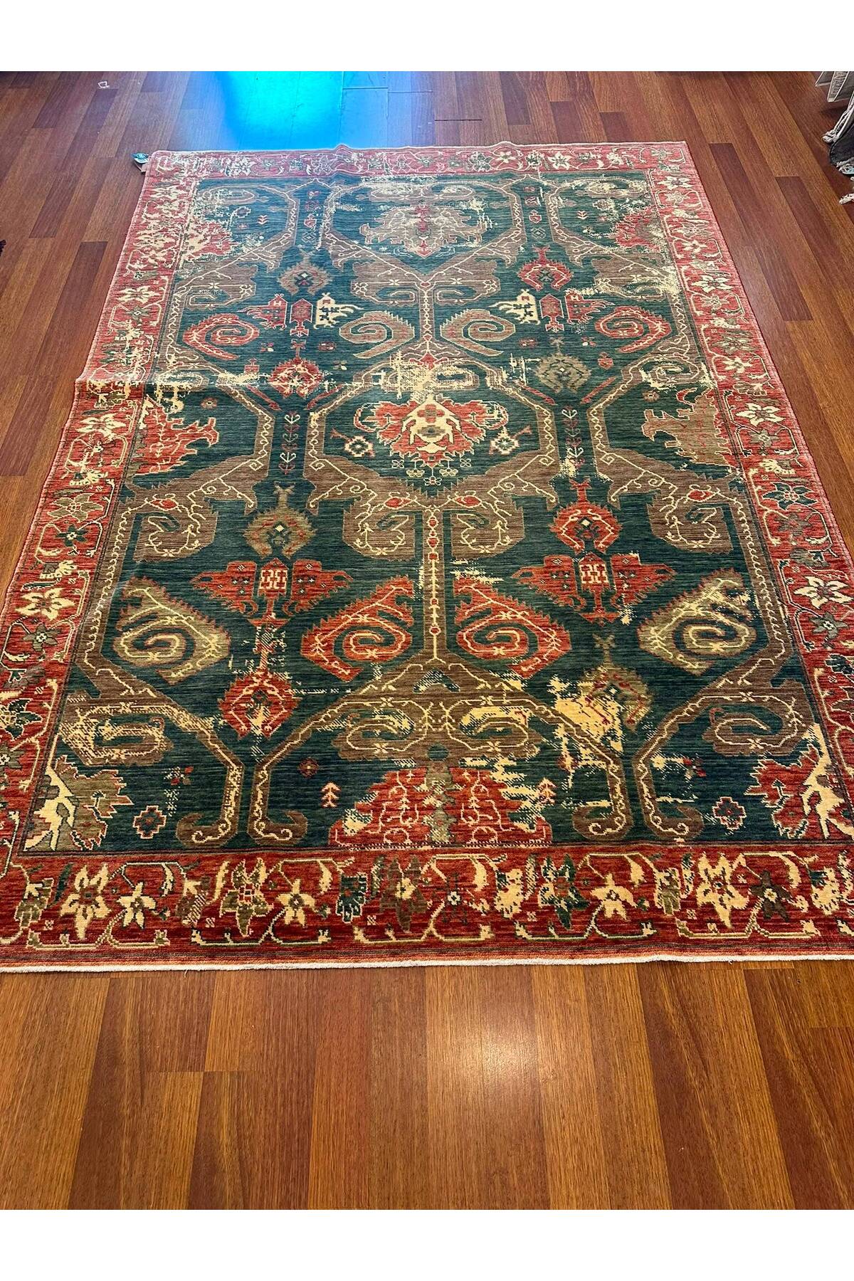 Etnik Motifli El Dokuma Yeşili Kiremit Geleneksel Desenli Salon Vintage Dekoratif Halı - Lacivert
