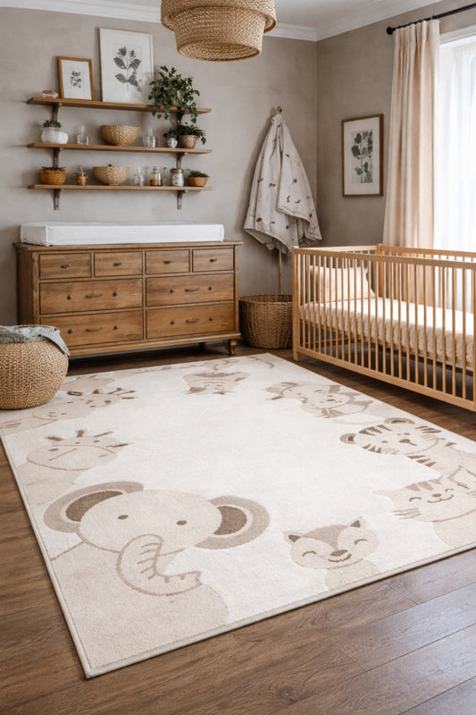 Picco Krem Rengi Figürlü Yıkanabilir Hav Vermeyen Toz Tutmayan Yumuşak Dokulu Çocuk Odası Halısı - Krem