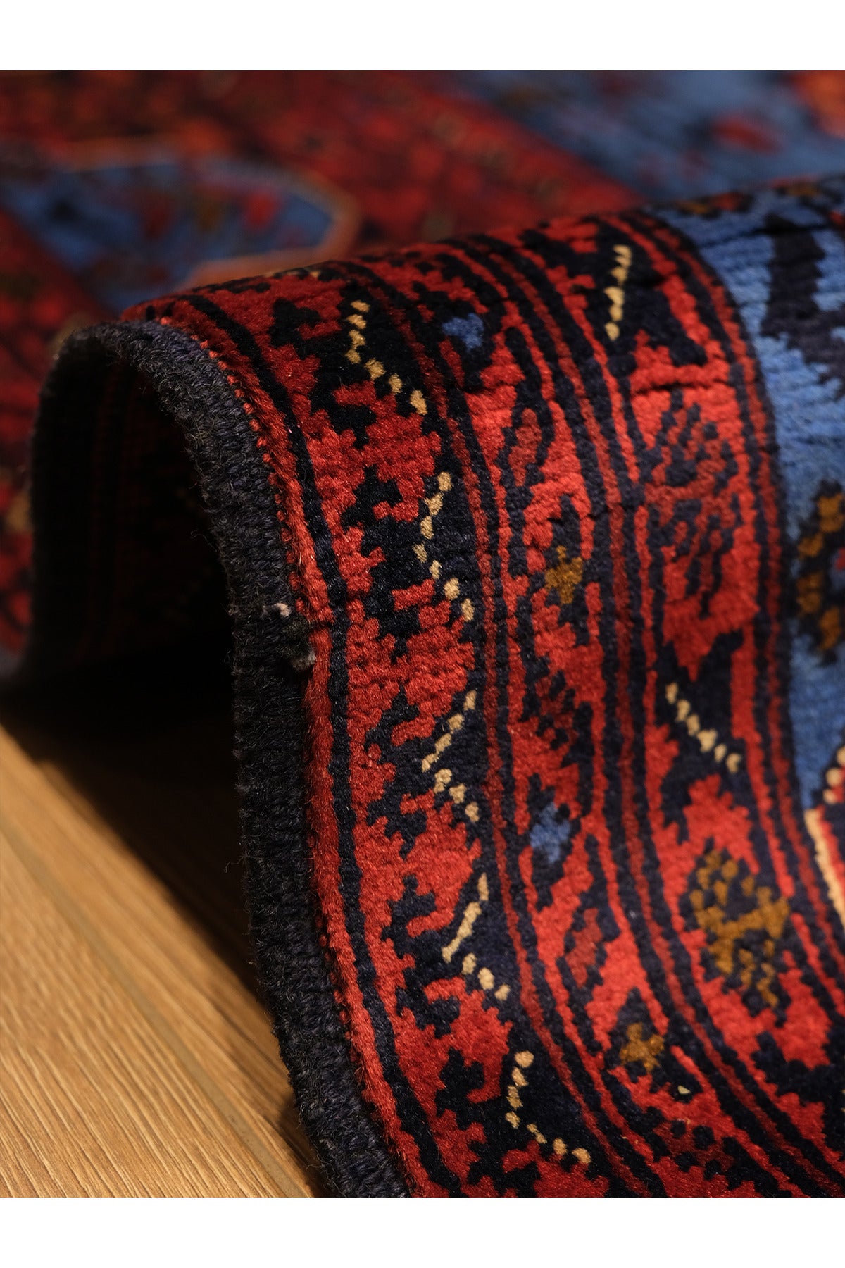 El Dokuma Bordo-Mavi Yıldız Model Afgan Biliçik Halısı %100 Yün Kök Boya Otantik Salon Halısı - Mavi