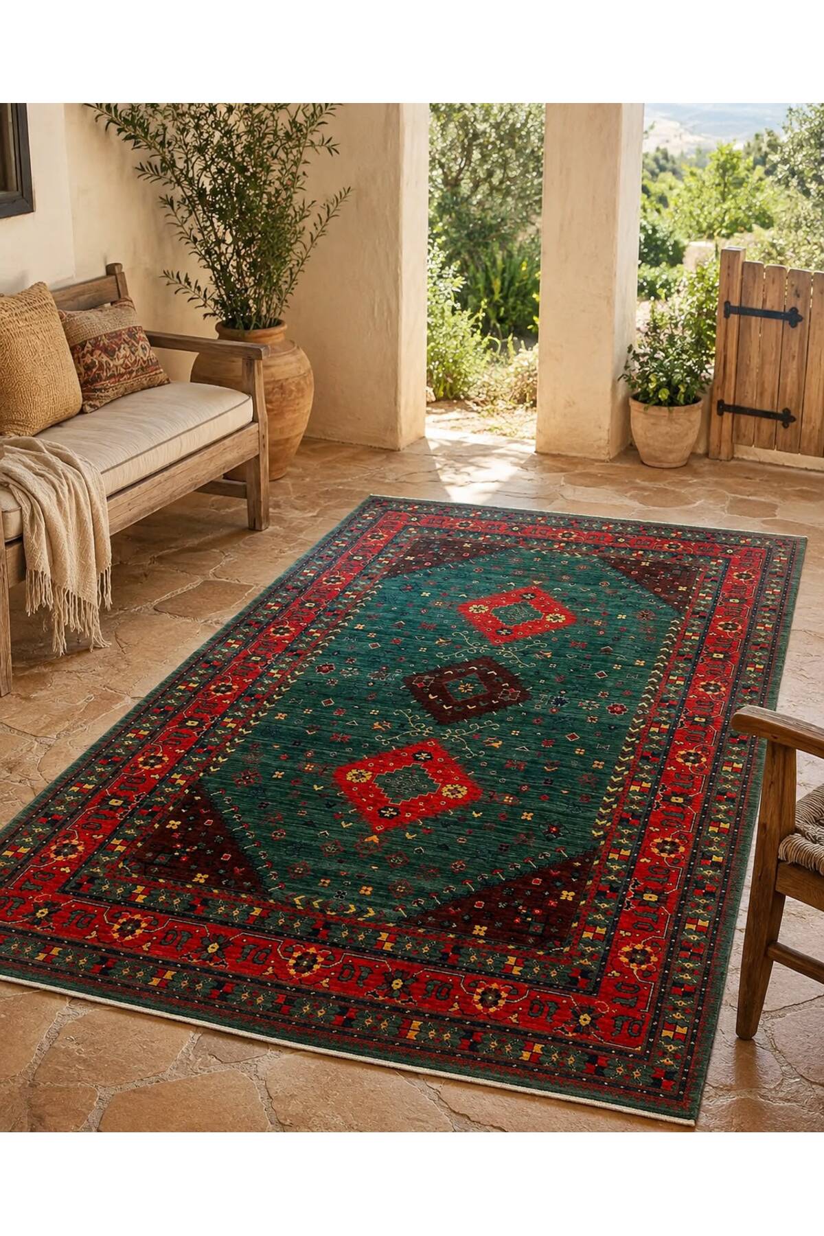 Geleneksel Madalyon Desen El Dokuma Yeşil Etnik Geometrik Motifli Vintage Dekoratif Salon Halısı - Pembe