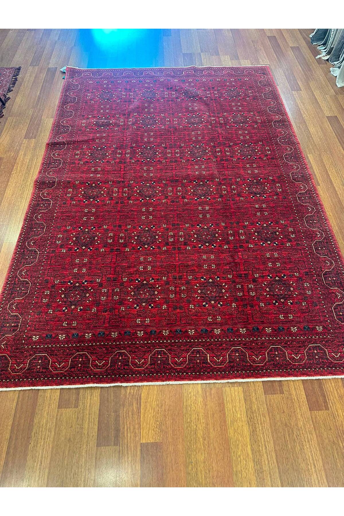 Afgan Desenli El Dokuma Halı Bordo Kırmızı Etnik Geometrik Motifli Geleneksel Vintage Salon Halısı - Yeşil
